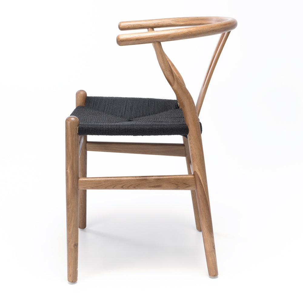 Wishbone Dining Chair Natural with Black Rope Side On